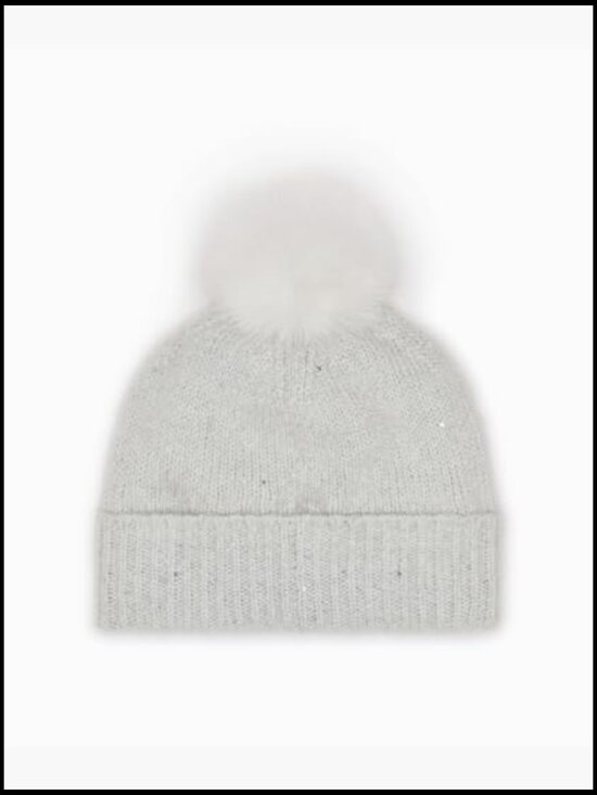 Sequin Knit Faux Fur Pom Beanie - Soft Fleece Lining
